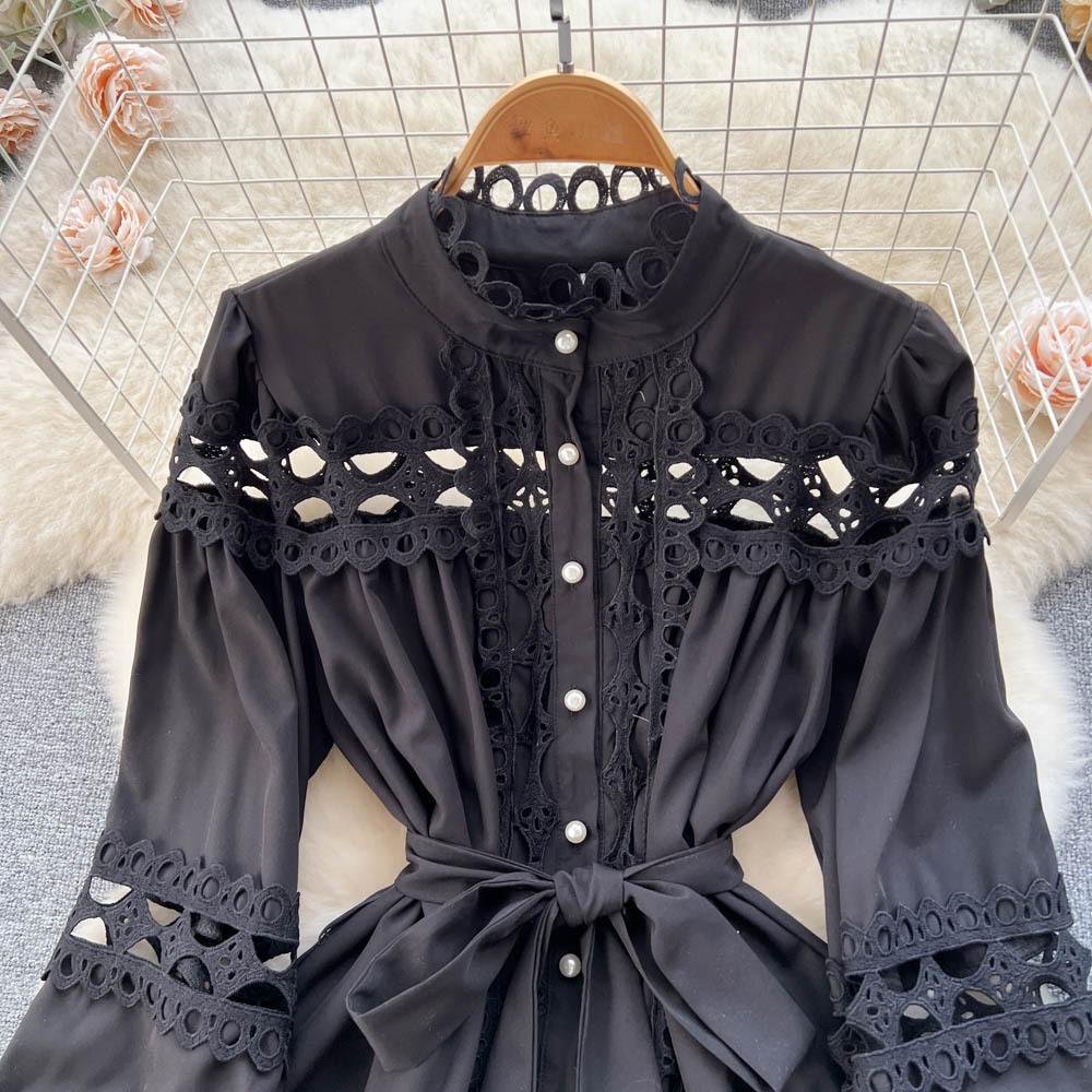 Jarní Vintage Krajka Vyhloubené Dlouhé Lucernové Rukávy Šaty s jedním nádechem Ležérní Dámské Podzimní šaty A-Line