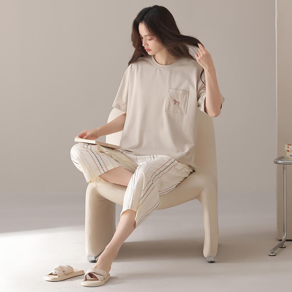 Short-sleeved Cropped Pants Pajamas Women's Spring and Summer New Pure Cotton Summer Thin Large-size Loungewear Suit