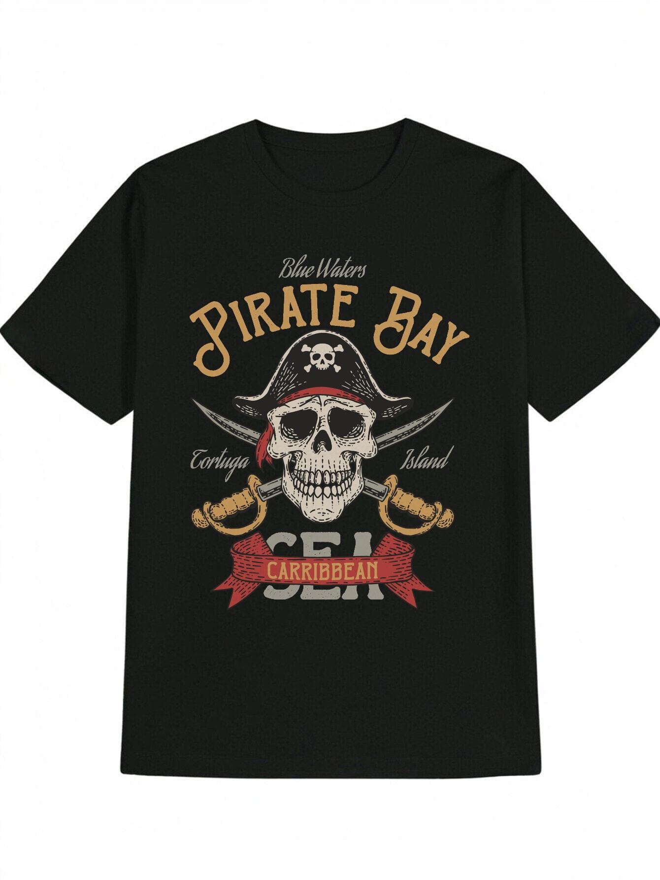 Casual Round Neck T-shirt with Skull Pirate Hat & Pirate Bay Graphic Print - Black S