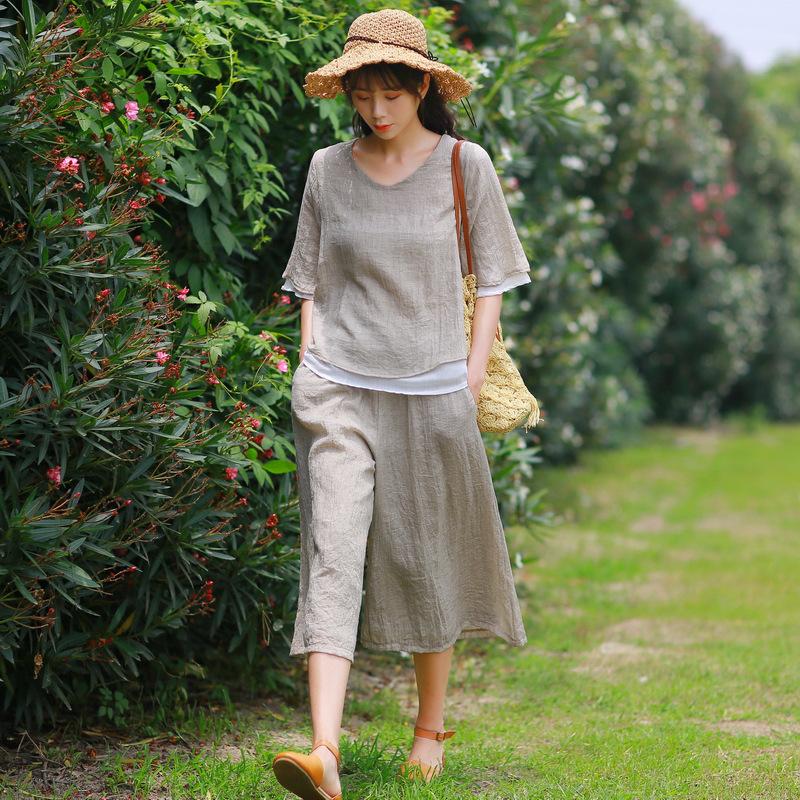 

Artistic Double-Layer Cotton & Linen V-Neck Color Block Wide-Leg Pants Suit for Women L хаки