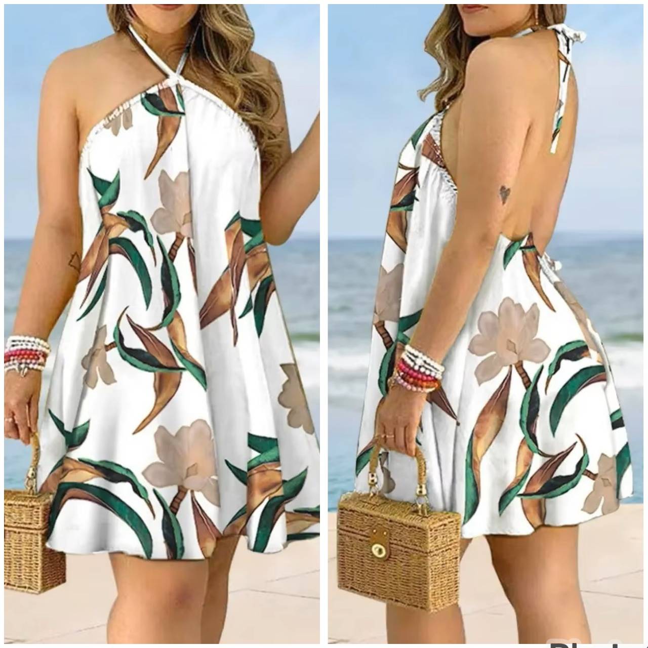 

Платье с тропическим принтом в стиле бохо с бретелью через шею, пуловер для отпуска, без рукавов, с открытой спиной, весна-лето, женская одежда, пляж M