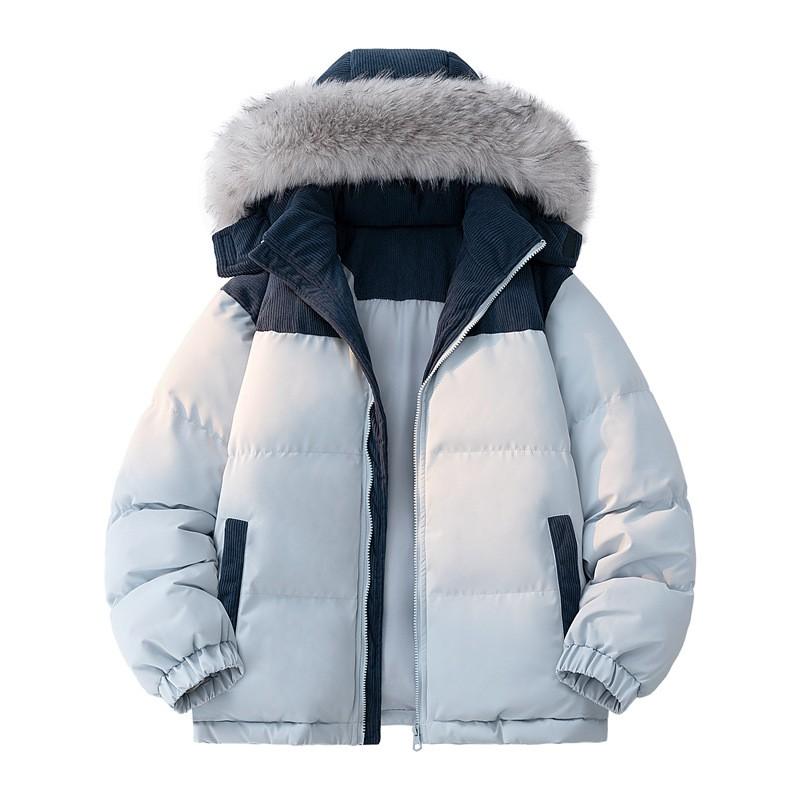 Mens Winter Warm Thick Cotton Puffer Jacket With Hood Color-Block Design Faux Fur Trim Loose Fit Casual Outdoor Wear