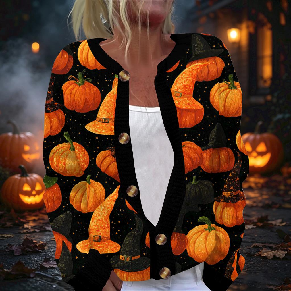 Damski kardigan z dzianiny z nadrukiem na Halloween, z długim rękawem, zapinany na guziki