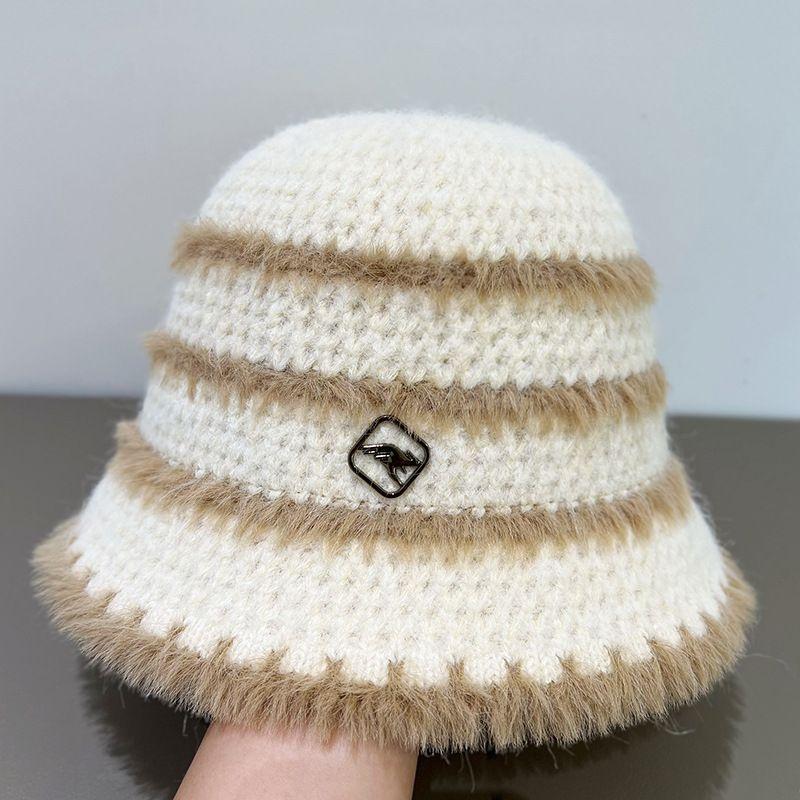 Plush Knitted Striped Bucket Hat Women's Autumn and Winter Wool Bucket Hat