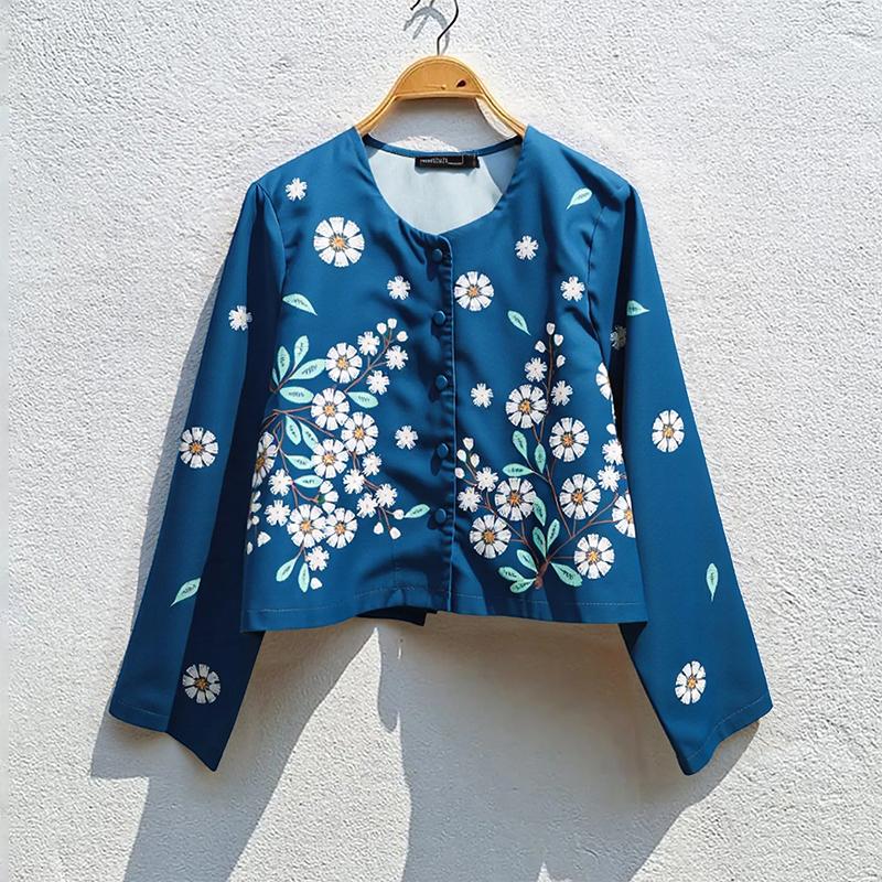 ZANZEA Bluză casual de damă cu gât rotund, mânecă lungă largă, cu imprimeu