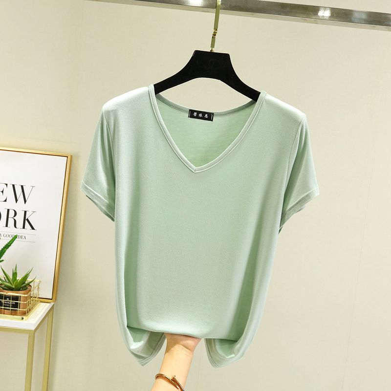 

Модальная футболка с V-образным вырезом и коротким рукавом для женщин, летнее нижнее белье большого размера, однотонные тонкие топы, свободная повседневная приталенная футболка Pea green XL (60.00 kg-70.00 kg recommended