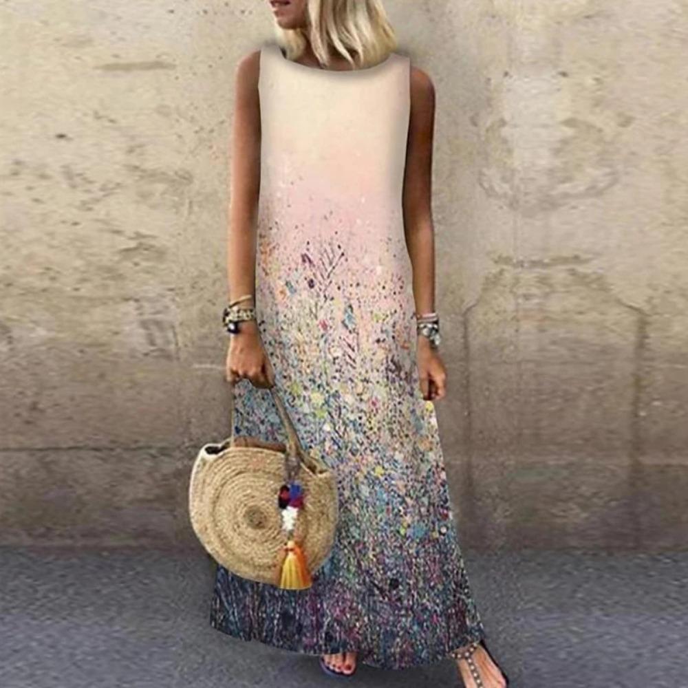 Ärmelloses Damenkleid mit Aufdruck, Rundhalsausschnitt, Gerader lockerer Schnitt, Modisch, Elegant für den Arbeitsweg, Lang, Lässig, Frühling, Sommer, Neu