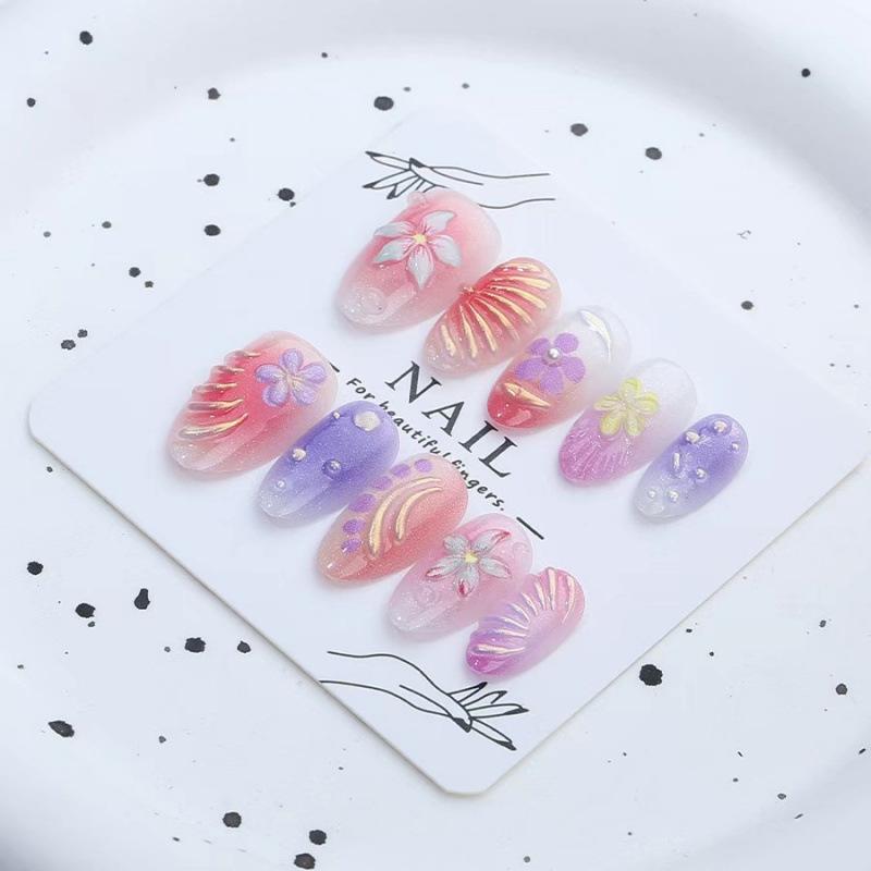 Short almond wearing nail ins wind colorful Epoxy French fake nail Epoxy style