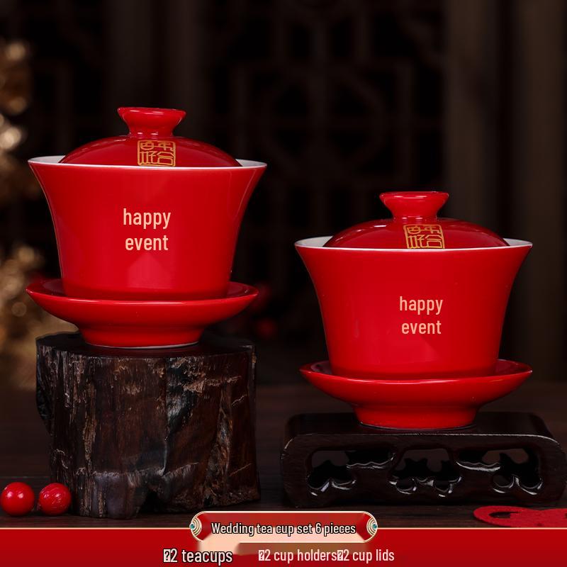 Festive Red Wedding Tea Set: Lidded Bowls, Tea Cups, and Chopsticks