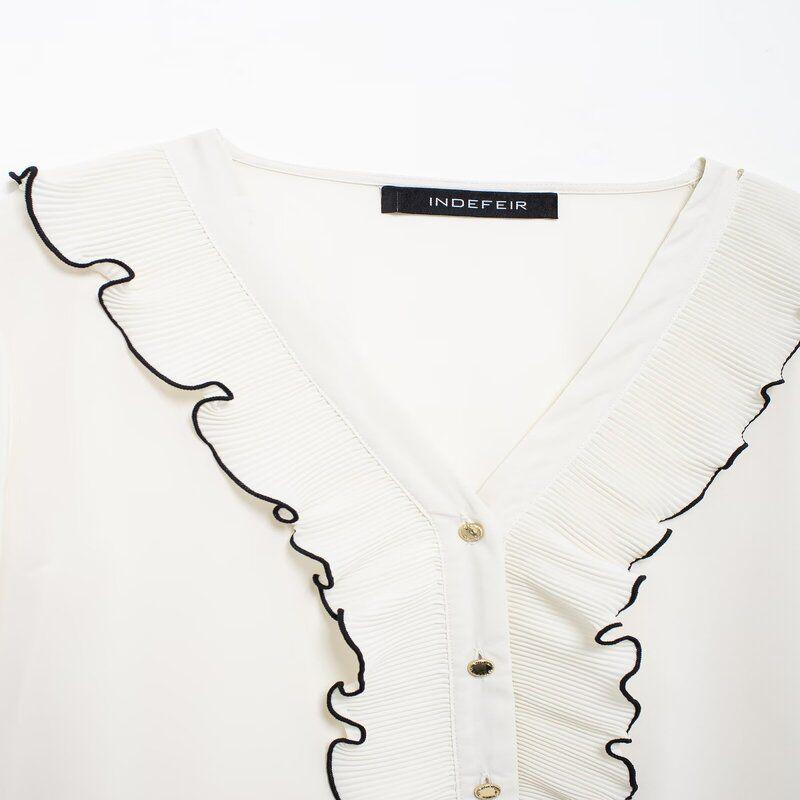 Fashion Style 2024 Fall and Winter New Women's Clothing Small Pleated Laminated Decoration Long Sleeves V-neck Shirt 8741249