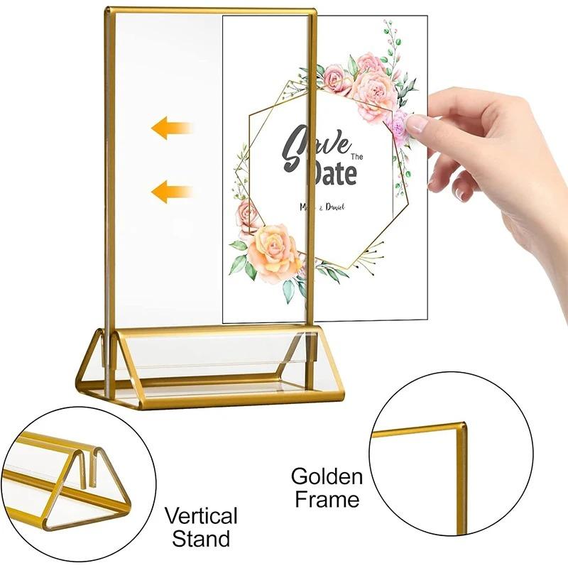 3D Transparent Gold Borders Double-sided Acrylic Sign Holder Wedding Table Number Card Creative Desktop Menu Clip Decoration