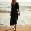 Women's Fashionable Cotton And Linen V-neck Color Long Sleeve Loose Pocket Dress