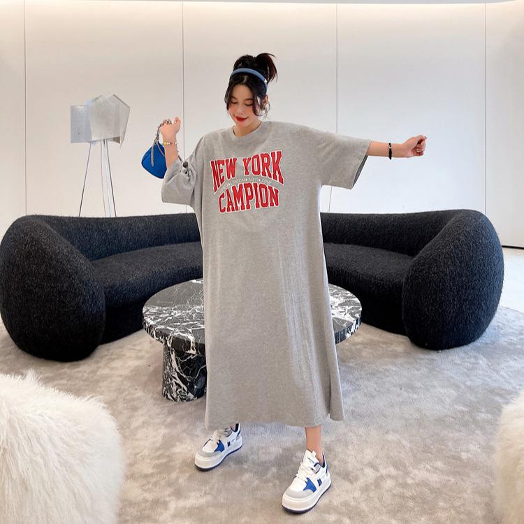 2025 Korean Style Summer Over-the-Knee Print T-shirt Dress - Loose, Slimming, Plus Size