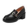 Fashion Women's New Spring and Autumn Round Head Genuine Leather Retro Mid Heel Large Metal Belt Buckle Oxford Single Shoes