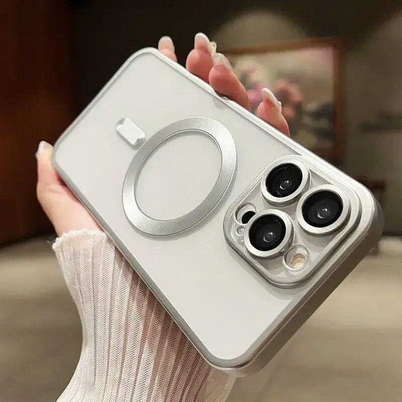 Luxury Matte Plating Frame Clear Case For IPhone 15 14 13 12 11 Pro Max Plus Magsafe Magnetic Wireless Charge Lens Protect Cover