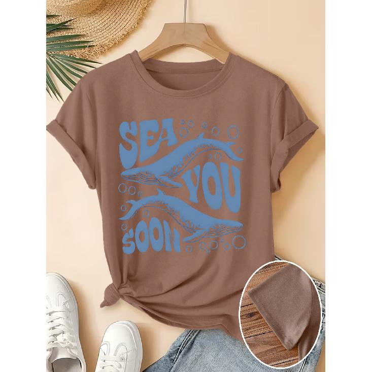 Women's Elegant Short-Sleeve Gift with Bubble Blue Whale Fun English Print Pattern and Vintage Round Neck T Fresh and Natural Style Loose-fitting