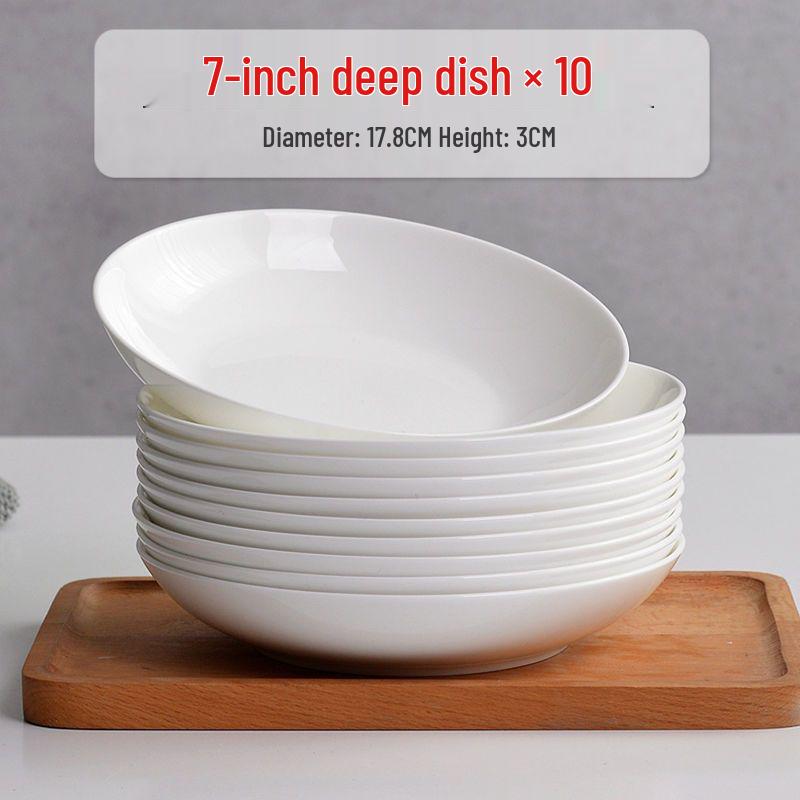 6-piece White Porcelain Deep Dinner Plate Set, 6-inch