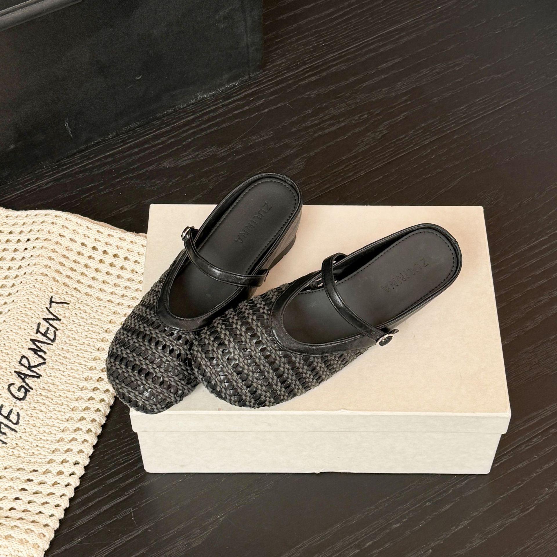 

Маленький размер~ см увеличение внутренней высоты простые плетеные прохладные тапочки женские дышащие с закрытым носком полушлепки 39