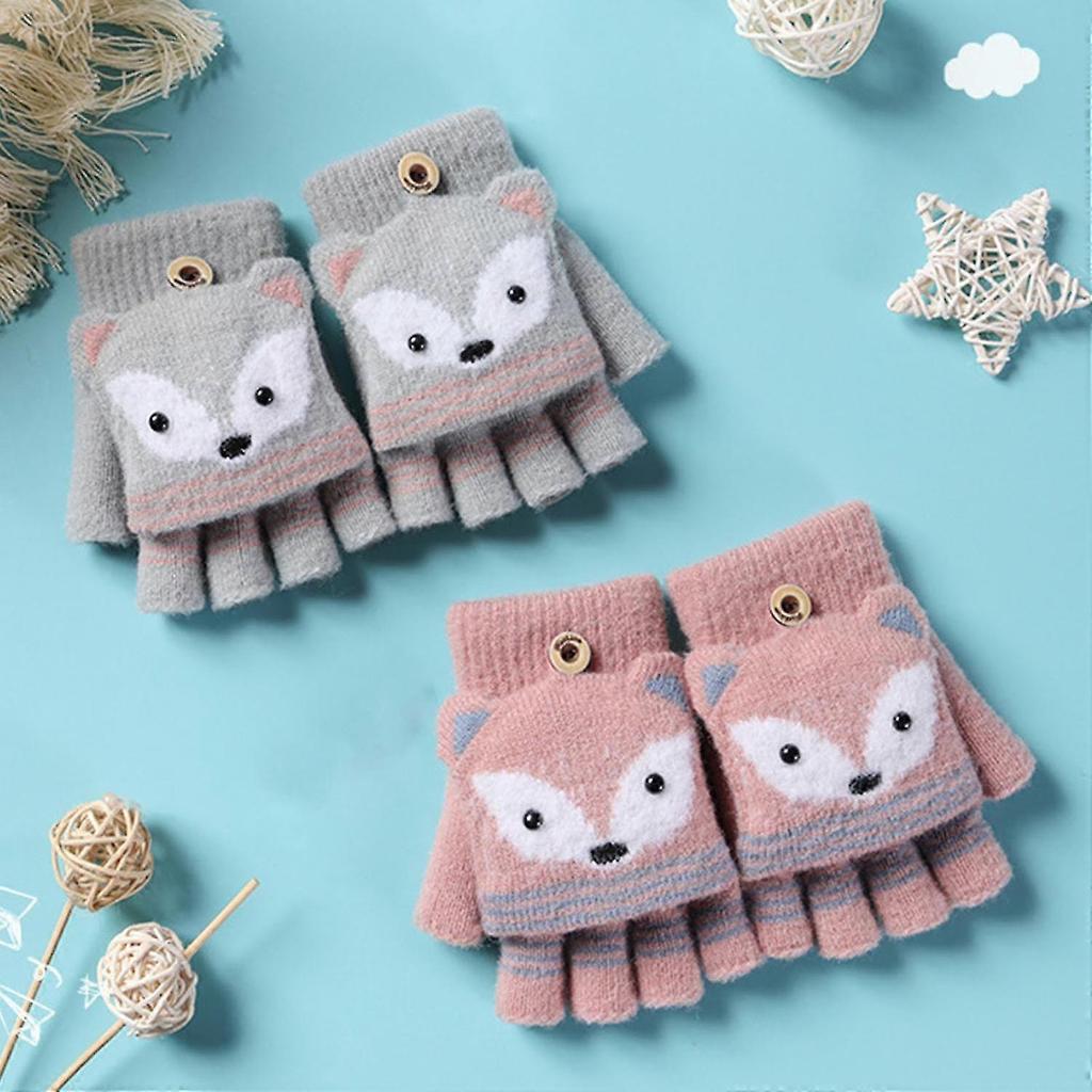 1 Pair Ages 6-10 Boys' & Girls' Gloves Cartoon Fox Half-Finger Winter Style Coffee Brown Stretch Gloves