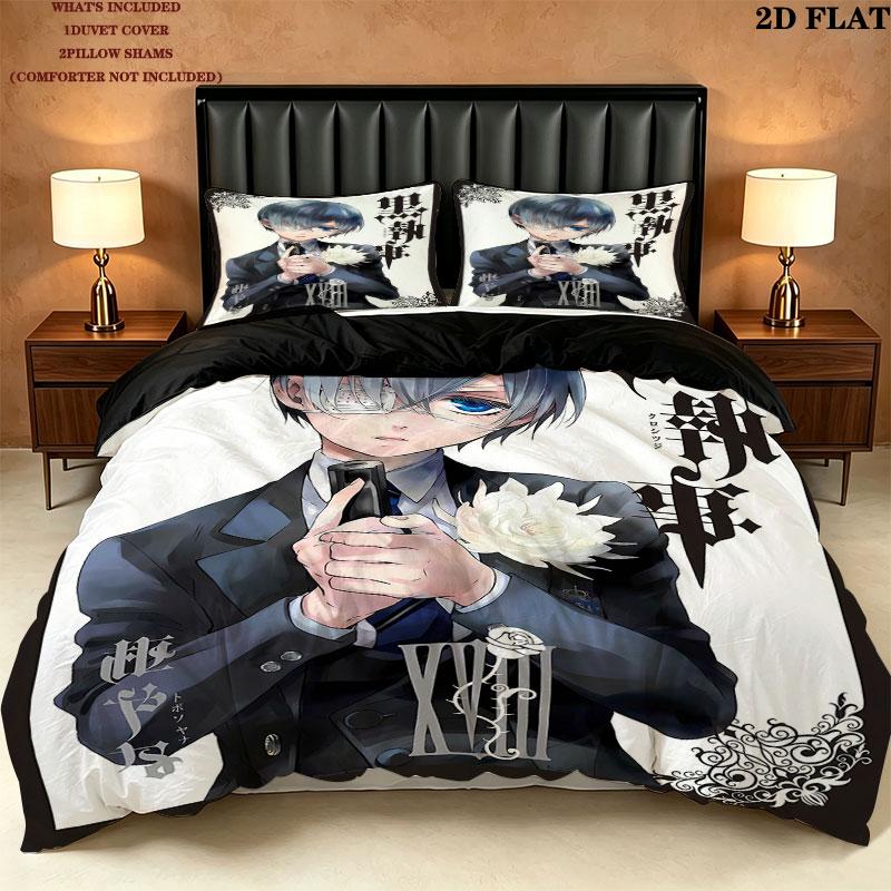 Black Butler Pattern Bedding Quilt Set Quilt Cover Pillowcase Home Birthday Gift(1 * duvet cover + 2 * pillowcase, without core)