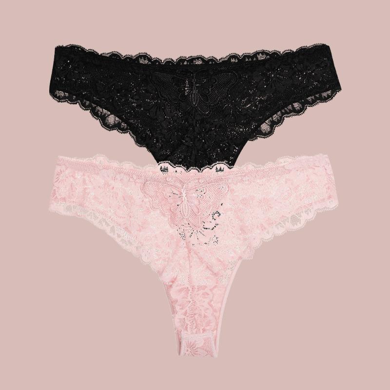 2Pcs Lace Butterfly Print Women's Underwear Sexy Hollow Out Thongs Trendy Breathable Panties Lady Perspective G-String Lingerie