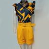 2 st/set Dam Top Shorts Set Blomma utskrift Bälte Hög midja Ärmlös rynkning Dress-up OL Style Tight midja Damkostym