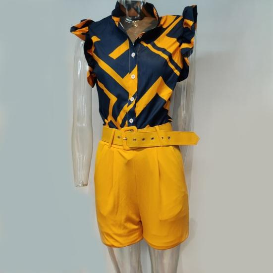 2 st/set Dam Top Shorts Set Blomma utskrift Bälte Hög midja Ärmlös rynkning Dress-up OL Style Tight midja Damkostym