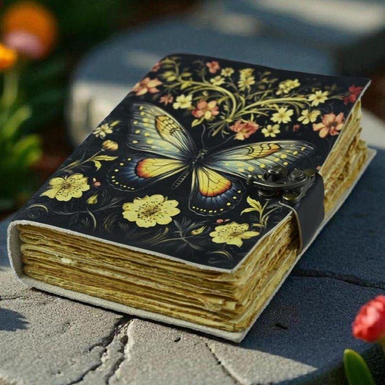 

Book of Shadows – Leather Spell Journal with Moth Butterfly – Witchcraft Grimoire – Gift for Her & Daughter 7 x 5 in
