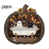 Cute Ghost Reading Figurines Halloween Wooden Tabletop Ornament, 2D Flat Bathing Harvest Season Room Decor Watering Plaque with Stand for Home Shelf,