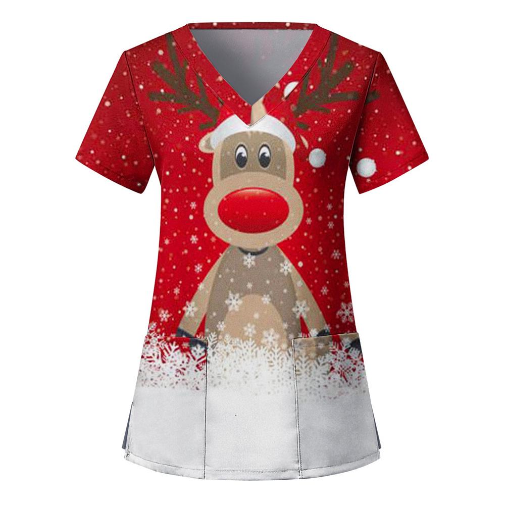 Womens Christmas Nurse Uniforms Print Short Sleeve V Neck Workwear With Pocket Working Nurse Work Wear Overalls Medical Uniforms