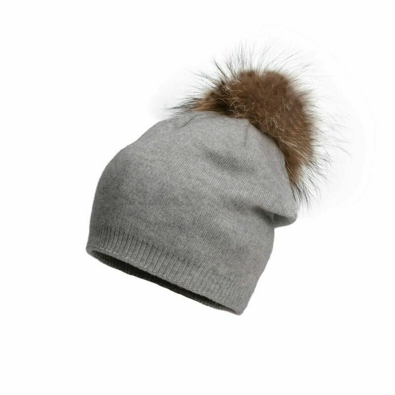 Women Winter Warm Cashmere Wool Knitted Real Fur Pom Pom Ball Beanie Hat