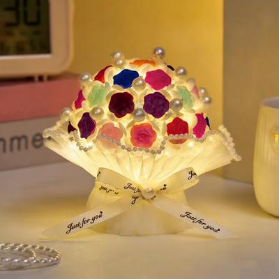 Kit de Lampe de Nuit Rose Floquée DIY Bouquet de Fleurs Artificielles à Perles Fausses Lampe Décorative Ornement pour la Maison le Bureau la Chambre à Coucher Cadeau de la Saint-Valentin