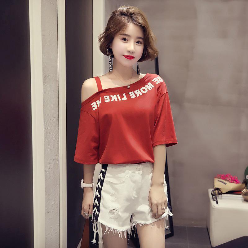 Short-sleeved T-shirt Women's New Tops Versatile Off-shoulder Printed Bottoming Shirt