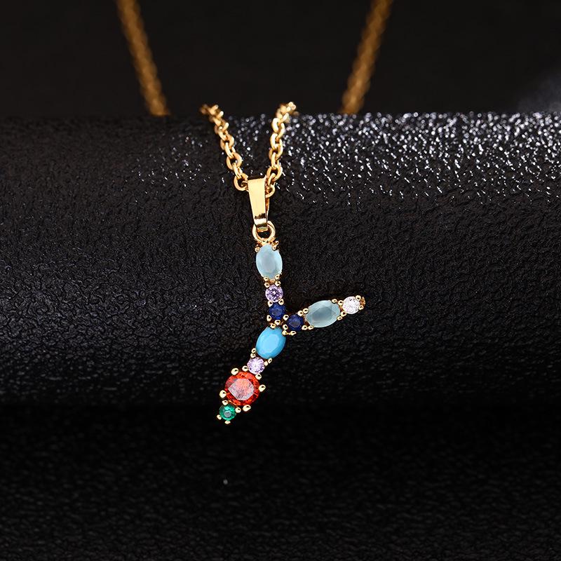 Colier de cupru pentru femei, cu 26 de litere, cu zircon colorat, agat și lanț din oțel inoxidabil