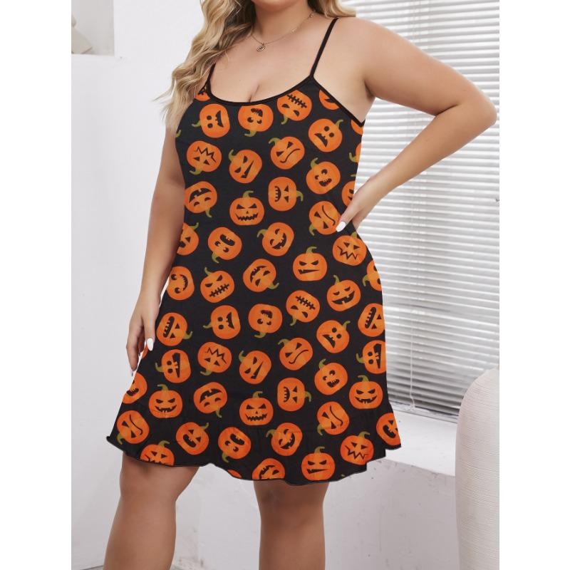 

Женская пижама Halloween Vibe Pumpkin Print Cool Halter Летняя ночная рубашка 4XL