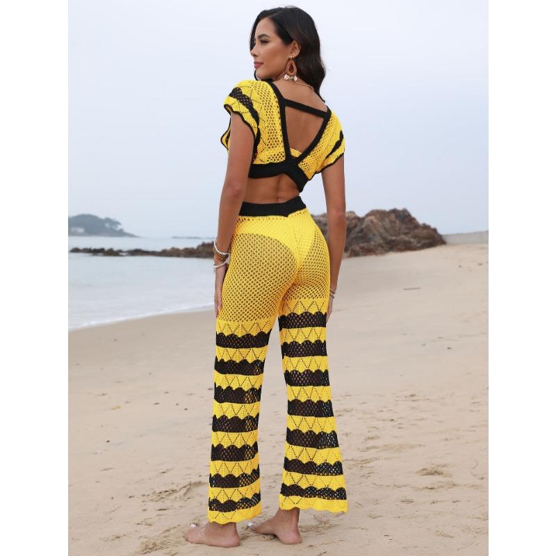 Women's Beach Patchwork Sexy Deep V Lace Up Top Micro Flared Pants Two Piece Set