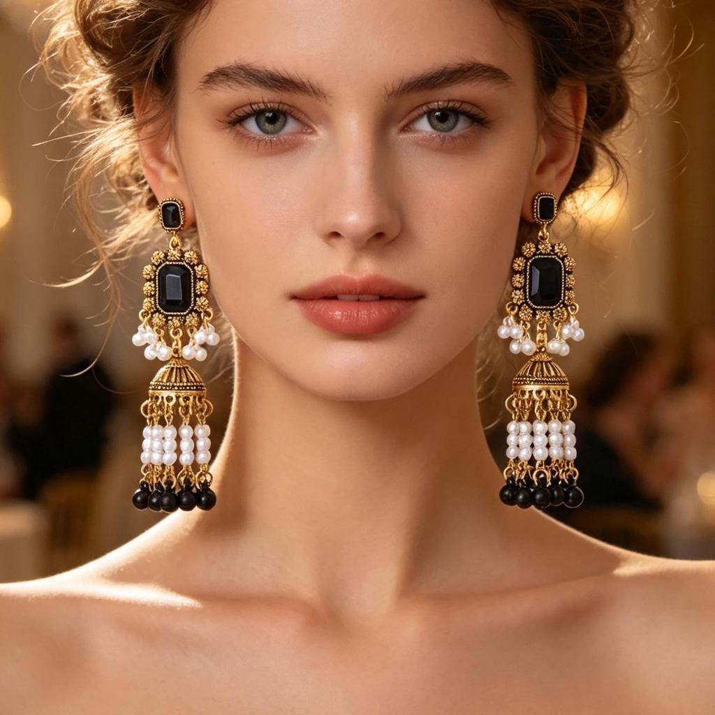 Bohemian Ethnic Pearl Tassel Earrings with Indian-Style Bells and Niche Crystals