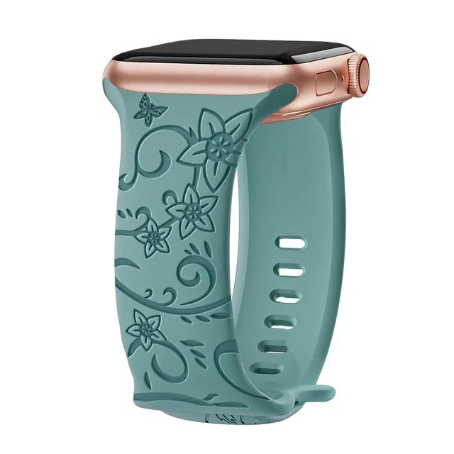 Floral Engraved Strap For Apple Watch Band 40mm 44mm 41mm 49mm 45mm 38mm 42mm Silicone Bracelet Iwatch Series 9 7 Se 6 8 Ultra 2