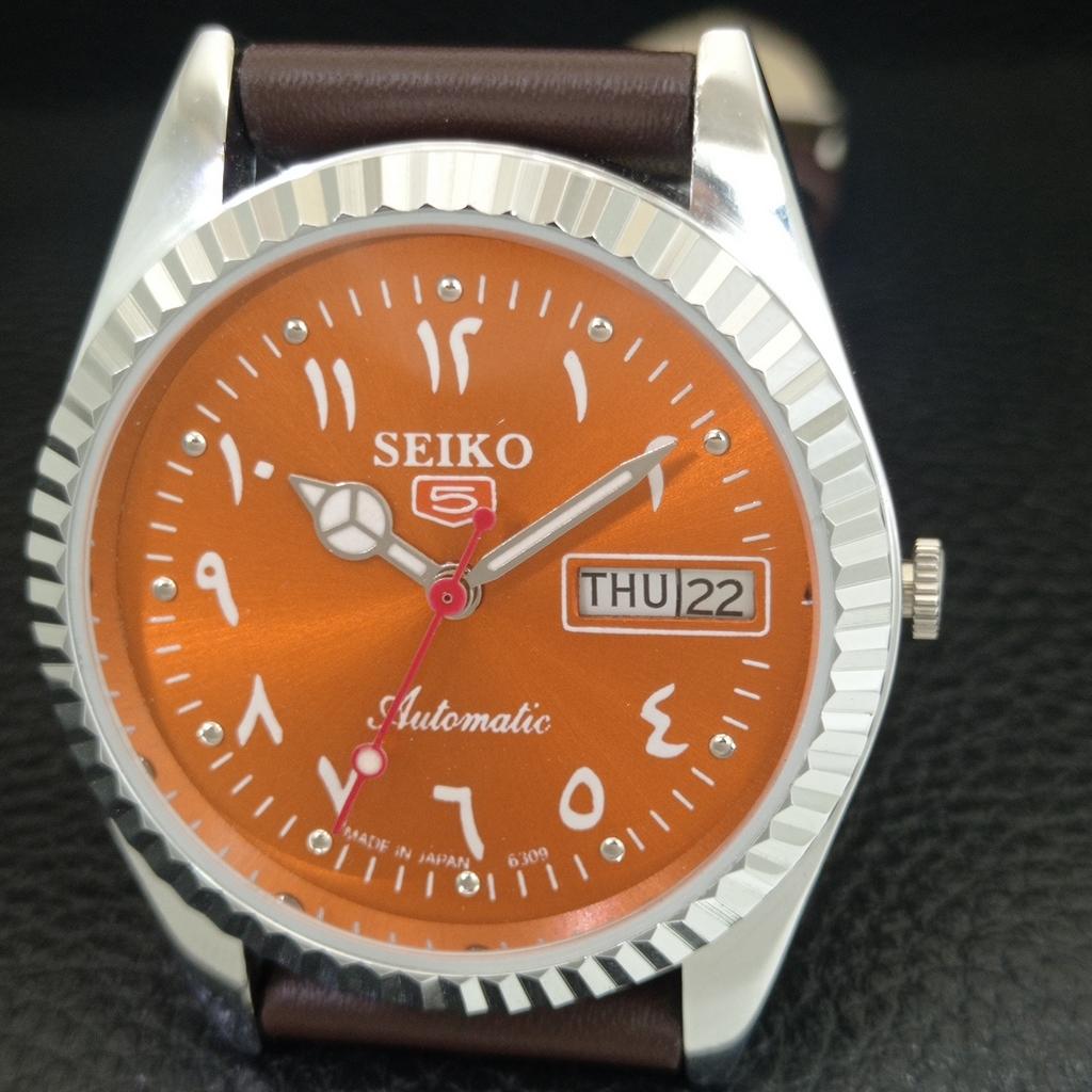 VINTAGE SEIKO 5 AUTOMATIC 6309A JAPAN MENS REFURBISHED ORANGE WATCH a442510-1