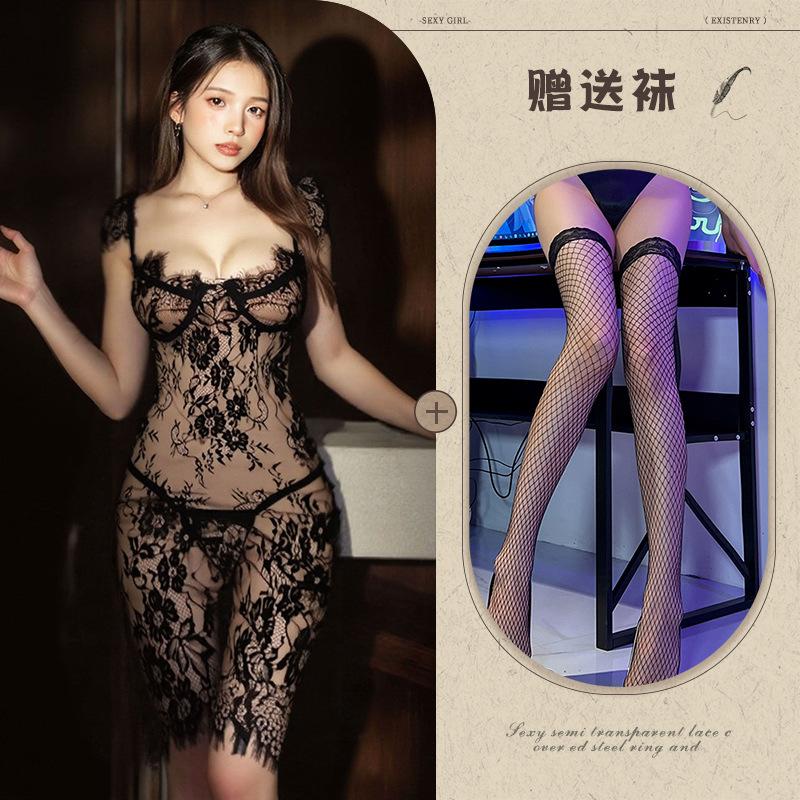 Women's interest to gather underwear sexy hollow lace perspective set European and American suspenders