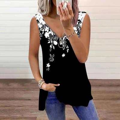Γυναικείο Τοπ Καλοκαιρινό Λευκό με Εκτύπωση Φύλλων Casual Μεγάλο Μέγεθος Αμάνικο Φερμουάρ V-neck Τοπ Μπλουζάκι