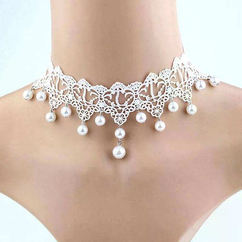 Gothic Black Lace Necklace For Women Girl Boho Crystal Pearl Sexy Lace Choker Punk Dark Lolita Style Halloween Jewelry