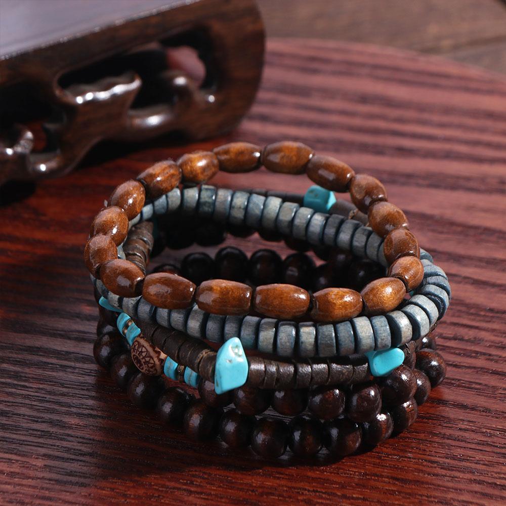 5/6 pcs/set Wood Bead Bracelet Set Bohemian Style Hand Ring Personality Men Bracelets  Gift