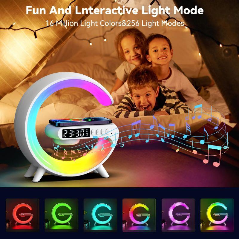 Altavoz Bluetooth, luz nocturna RGB, lámpara de ambiente, reloj despertador digital, altavoz, cargador inalámbrico, decoración para el dormitorio de los niños