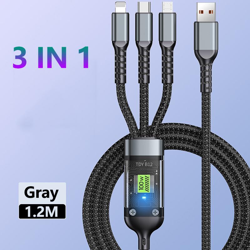 3-in-1 USB 100W Fast Charger Cable Car USB To Type-C Micro LIGHTNING Cable For iPhone 16 15 14 13 Samsung Xiaomi Huawei