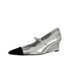 [Clearance Spot] Xiaoxiangfeng pointed wedge heel single shoes women's high heel retro silver French Mary Jane small leather shoes