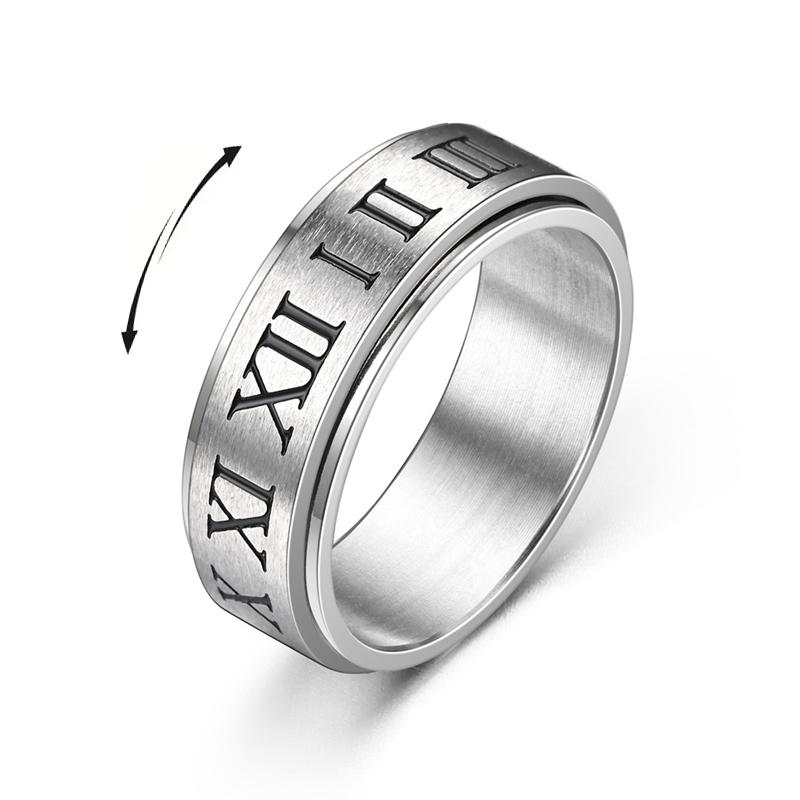 Roman Numerals Stainless Steel Chain Anxiety Rings For Men Silver Rotating Metal Fidget Spinner Ring Anillos De Hombre