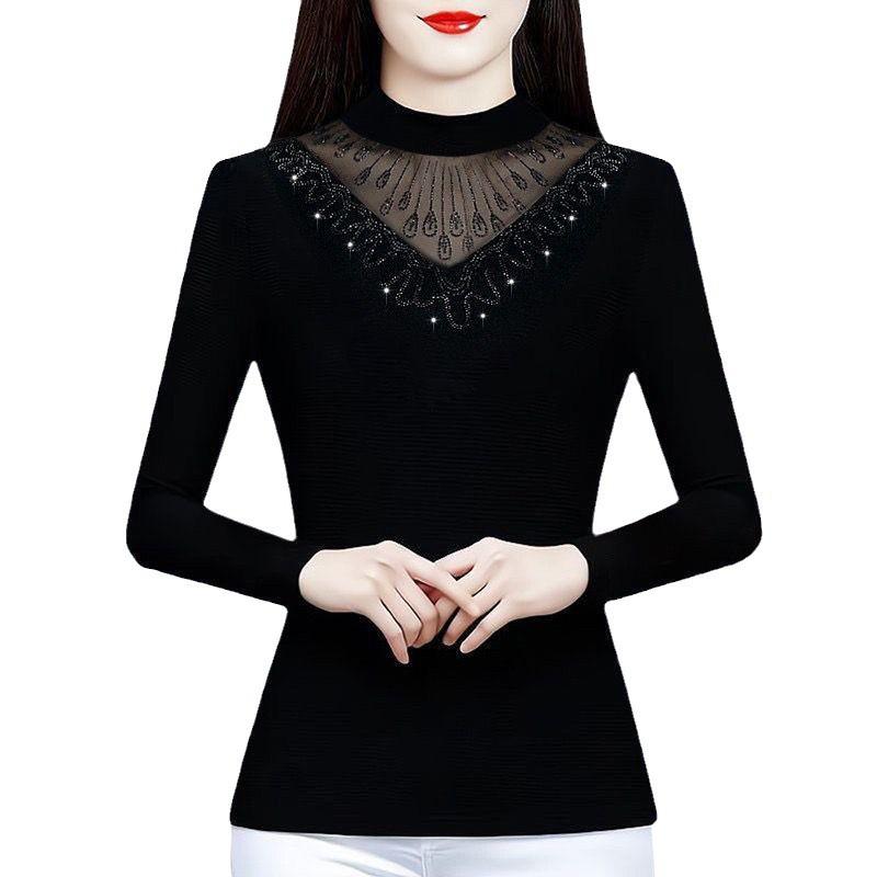 Chic Black Mesh Long-Sleeve Fleece-Lined Slim Shirt for Women