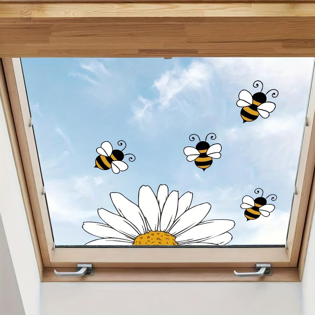 Adorable Bee & Sunflower Watercolor Window Cling - Removable PVC Decal for Bedroom, Living Room, Kitchen