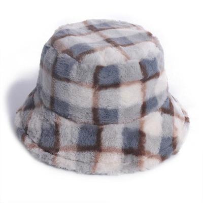 Faux Fur Winter Bucket Hat for Women Fashion Retro Lattice Soft Warm Fishing Cap Outdoor Foldable Hat Fisherman Hat